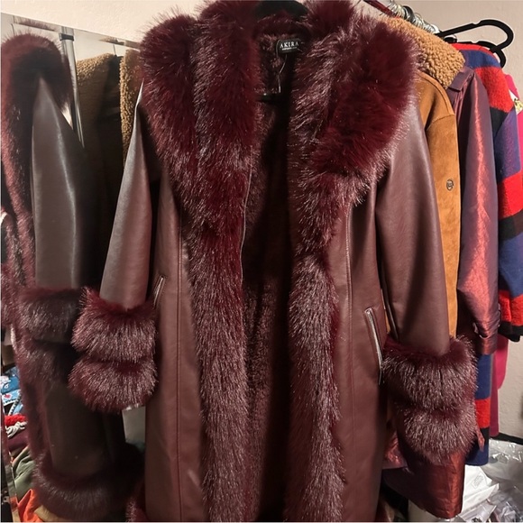 AKIRA Burgundy Leather Jacket with Fur Trim - Picture 6 of 10